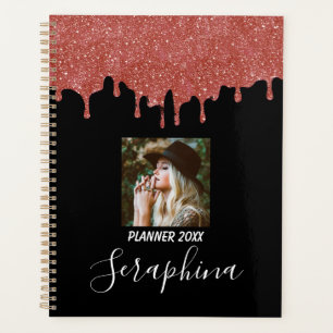 Agenda Rizos de purpurina de foto personalizada rosa y ne