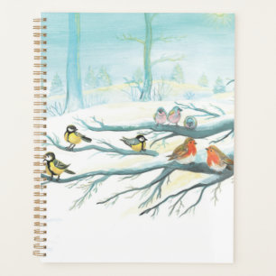 Agenda Robins rojos y aves mullidas en bosque de invierno