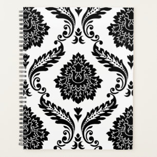 Agenda Rococo Damask Patrón Grande Negro sobre Blanco