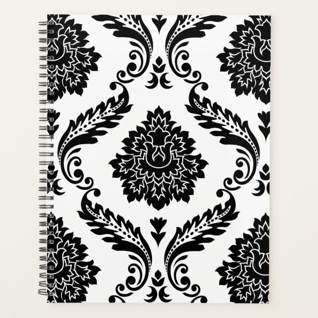 Agenda Rococo Damask Patrón Grande Negro sobre Blanco (Anverso)