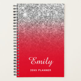 Agenda Rojo Brillante Plata Glitter Ombre Personalizado