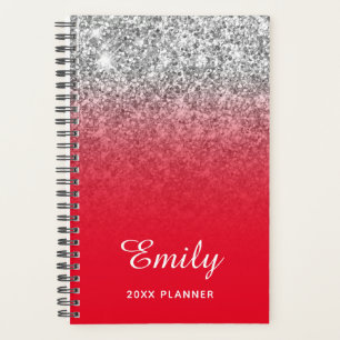 Agenda Rojo Brillante Plata Glitter Ombre Personalizado
