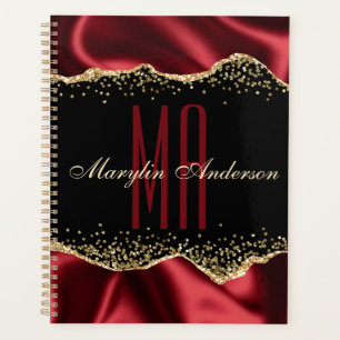 AGENDA ROJO Y ORO SHIMMER SATIN BORDES PERSONALIZADO MONO