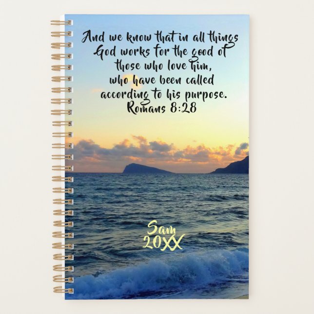 Agenda Romanos 8:28 Beach Sunset Personalizado Christian (Anverso)