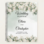 Agenda Romántico boda de rosas blancas y verdes<br><div class="desc">Ah, el Boho White English Rosas Green Eucalyptus y Gold Boda Stationery Collection captura la esencia del encanto y la elegancia extravagantes. Imagina delicados rosas ingleses blancos entrelazados con exuberantes hojas de eucalipto verdes, todo acentuado con detalles de oro de lujo. Cada una de las piezas de esta colección ofrece...</div>