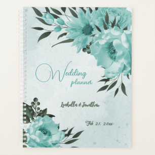 Agenda romántico flores azules y hojas verdes boda