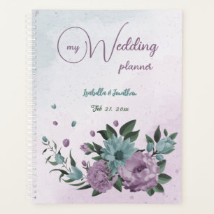 Agenda romántico polvo de flores púrpura y azul boda