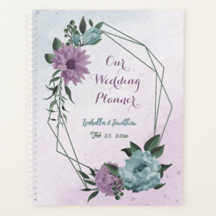 Agenda romántico polvo de flores púrpura y azul boda