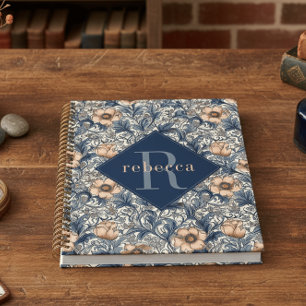 Agenda Rosa Azul Floral William Morris Monograma Elegante