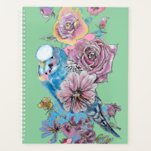 Agenda Rosa Blue Budgie Watercolor Green Bird Planner