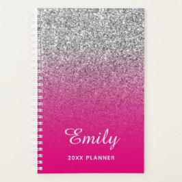 Agenda Rosa Caliente y Plata Brillo Ombre Personalizado