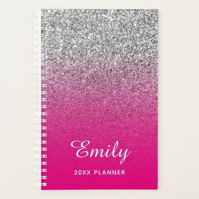 Agenda Rosa Caliente y Plata Brillo Ombre Personalizado (Anverso)