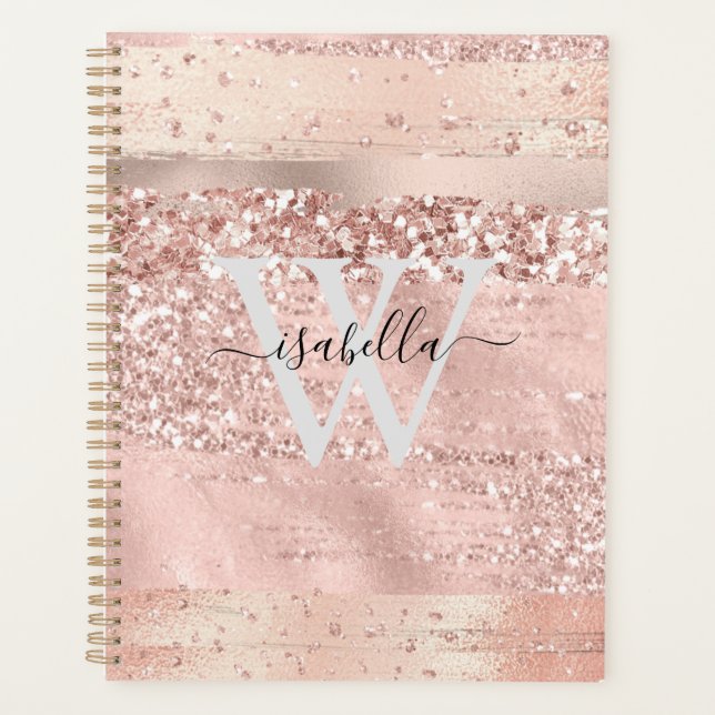 Agenda Rosa Cepillo de oro sacude Purpurina Script Monogr (Anverso)