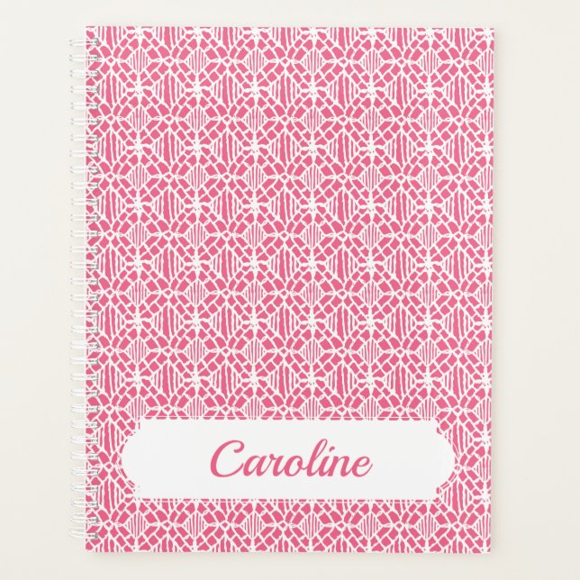 Agenda Rosa Con Patrón De Lado De Crochet Blanco (Anverso)