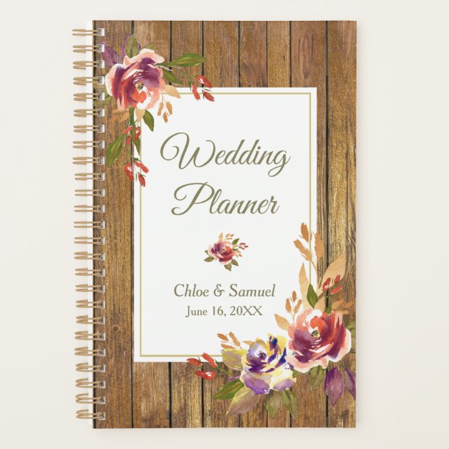 Agenda Rosa de bronce Boda Floral de madera (Anverso)