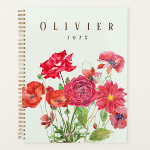Agenda rosa de flores rojas adormidera pintura acuarela