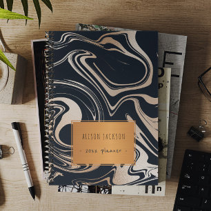 Agenda Rosa de mármol negro dorado con escuela de copper