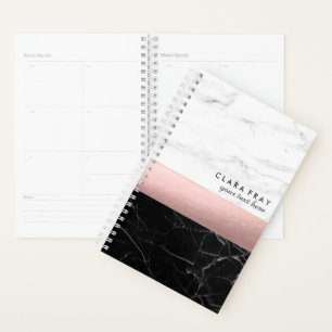 Agenda rosa de oro de mármol blanco y negro elegante