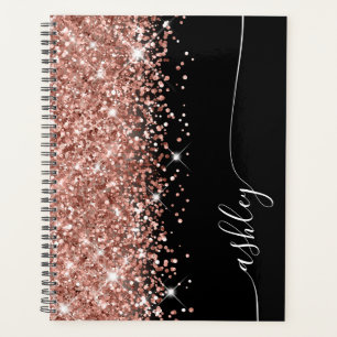 Agenda Rosa Dorado Brillante Glam Negro Script Elegante