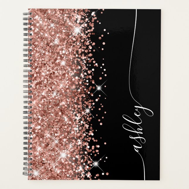 Agenda Rosa Dorado Brillante Glam Negro Script Elegante (Anverso)