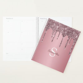 Agenda Rosa Dorado Glitter Monograma Nombre con Goteo