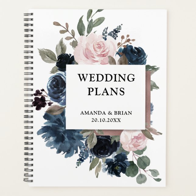 Agenda Rosa Dusty Blue Mauve Boda Floral de pizarra rosa (Anverso)