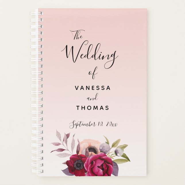 Agenda Rosa floral oro rubor burgundy boda (Anverso)