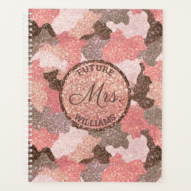 Agenda Rosa Gold Camo Faux Purpurina Camouflage Boda (Anverso)