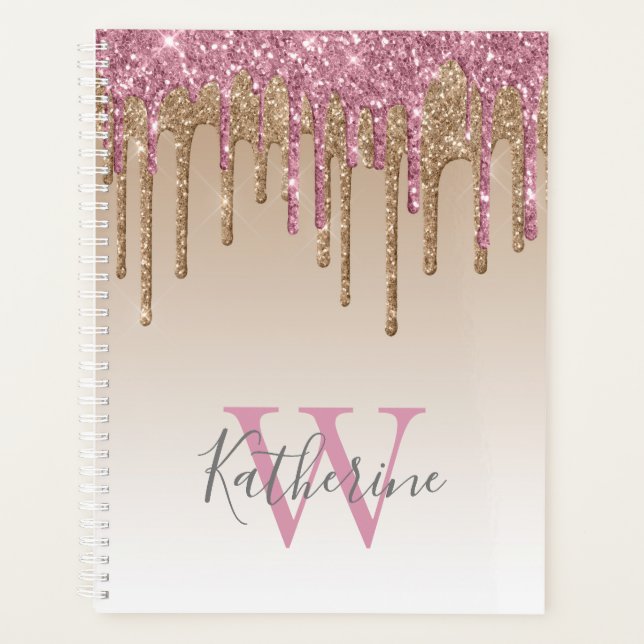 Agenda Rosa Gold Purpurinas Drips Ombre Monograma 2024 (Anverso)
