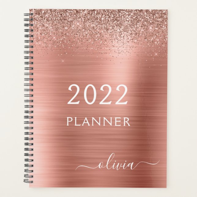 Agenda rosa Gold Rubor Purpurina Rosado Monograma Planner (Anverso)