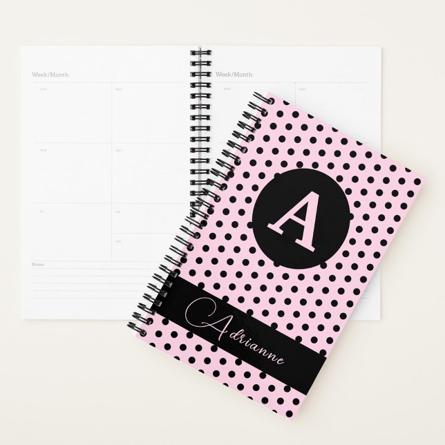 Agenda Rosa lindo monogramado con puntos de polka negro (Subido por el creador)