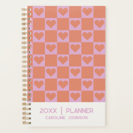Agenda Rosa Naranja Retro Corazón Cuadros Personalizado