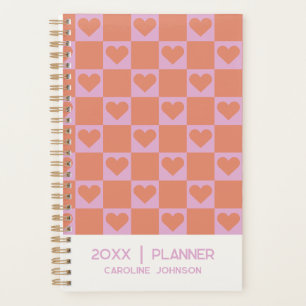 Agenda Rosa Naranja Retro Corazón Cuadros Personalizado