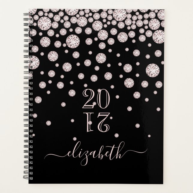Agenda Rosa oro diamantes rosados glam negro 2025 (Anverso)