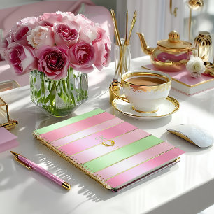 Agenda Rosa pastel y verde rayado elegante