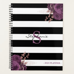 Agenda Rosa Púrpura Oro Floral Monograma Negro Blanco 202