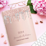 Agenda Rosa purpurina de color dorado gotea plata 2023<br><div class="desc">Un elegante rosa dorado, rosa y falso purpurina plateado gotea, pintura goteando. Plantilla de un año. Personalice y agregue un nombre y un título. El nombre está escrito en oro rosa oscuro con una escritura de estilo moderno con letras a mano. Perfecto para negocios, escuela, diario, trabajo u organización de...</div>