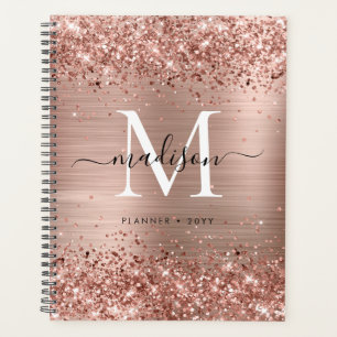 Agenda Rosa Purpurina de oro con guión de monograma Metal