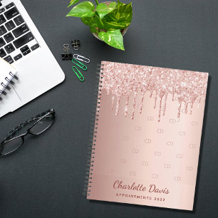 Agenda Rosa purpurina de oro gotea guion monograma 2025
