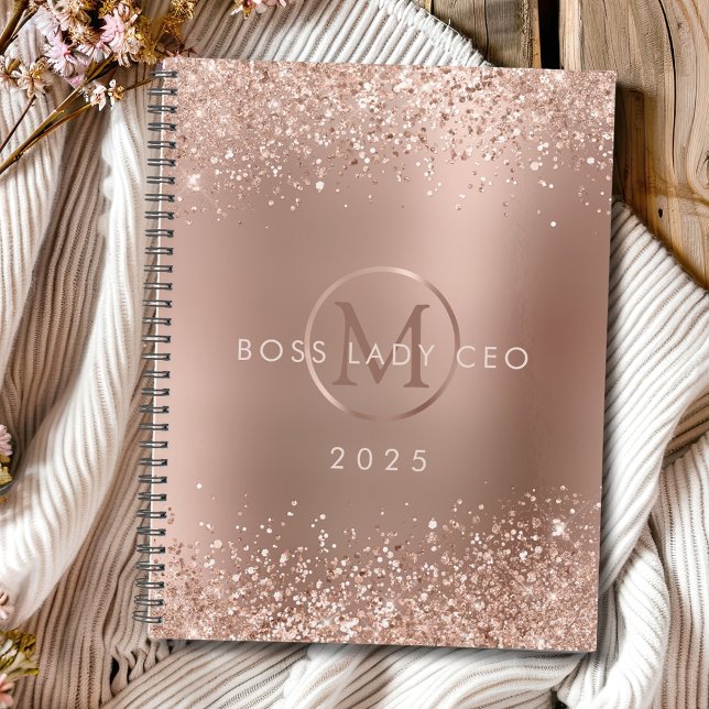 Agenda Rosa Purpurina de oro Monograma Jefe Lady 2025 (Rose Gold Glitter Monogram Boss Lady 2025 Planner)