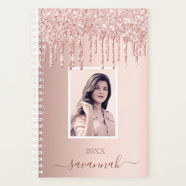 Agenda Rosa purpurina de oro nombre de foto personalizado (Anverso)