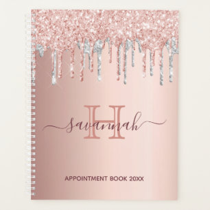Agenda Rosa purpurina de plata oro goteo monograma