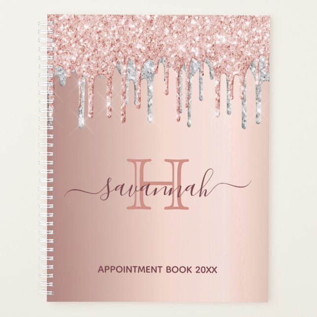 Agenda Rosa purpurina de plata oro goteo monograma (Anverso)