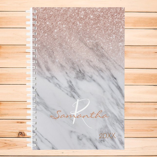 Agenda Rosa Purpurina Ombre Marble Monograma anual (Subido por el creador)