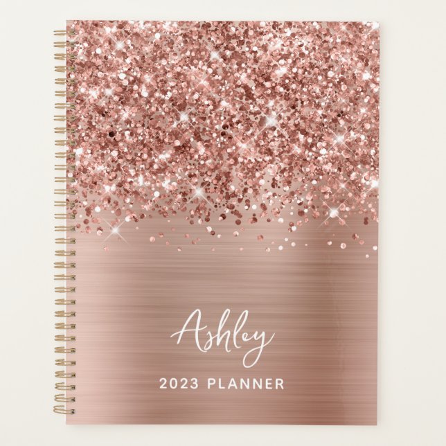 Agenda Rosa Purpurinoso Gold Glam Personalizado 2023 (Anverso)