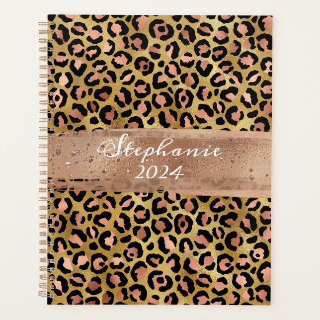 Agenda Rosa Relieve metalizado dorado Leopard Brush Strok (Anverso)