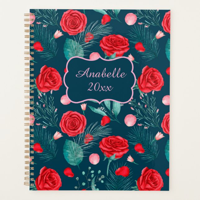 Agenda Rosa Roja & Hojas Verdes Personalizado (Anverso)
