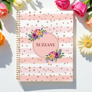 Agenda Rosa Rosa Rosa Oro Purpurina Rayas Patrón floral