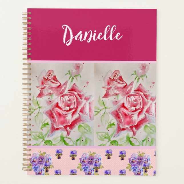 Agenda Rosas de rosa rojo acuarela Shabby rosado personal (Anverso)
