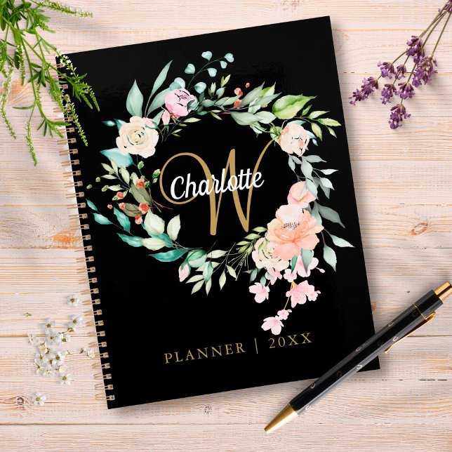 Agenda Rosas Floral Script Monograma Black Gold 2023 (Subido por el creador)